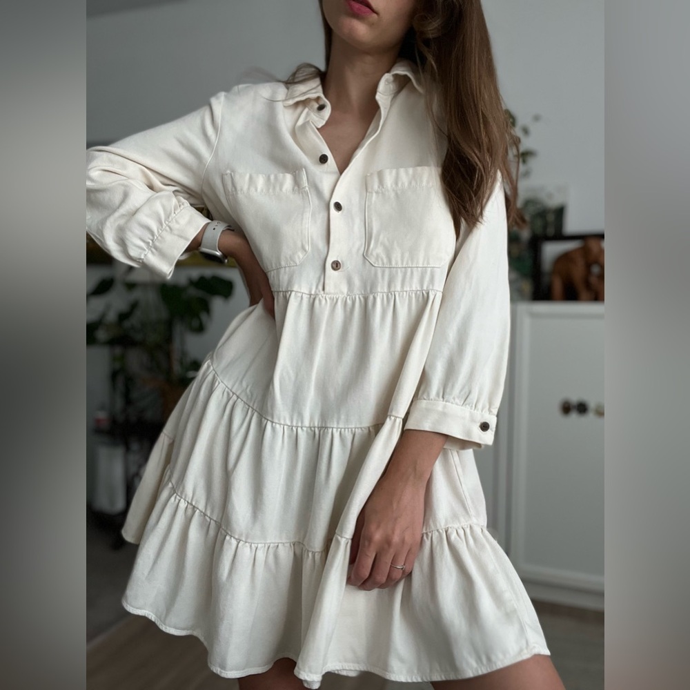 NWT ZARA  Women Solid 2/3 Long Sleeve Half Button Ruffle Shirt Dress Cream